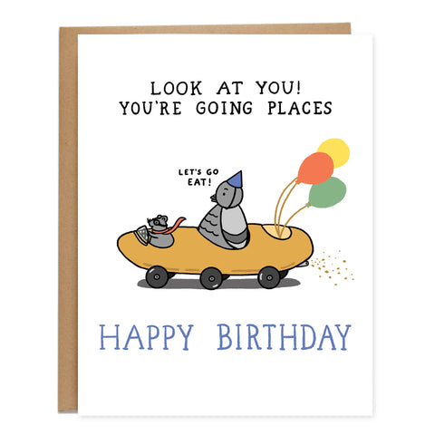 Bread Car Birthday Card,  Pigeon, Rat