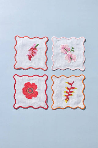 Flores Embroidered Linen Coaster/Cocktail Napkin, Set of 4