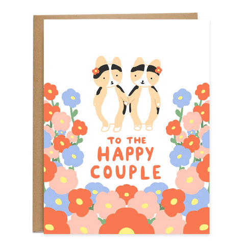 Happy Couple Blooms Dogs Wedding Card