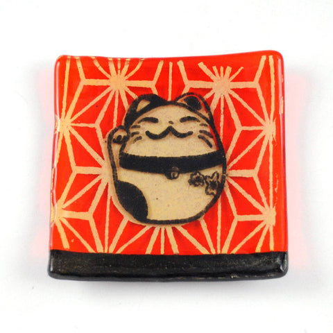 Maneki Neko "Lucky Cat" Fused Glass 4.5" Catch-all Dish