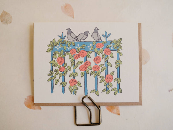 Rock Pigeons and Roses Speckled Greeting Card in eco sleeve