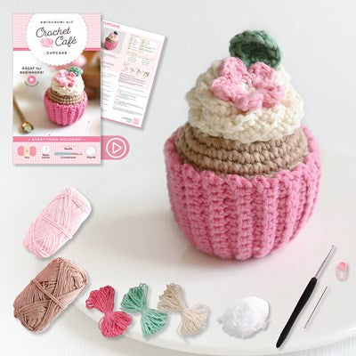 Crochet Cafe Amigurumi Kit Cupcake:  Everything You Need Is Included: 100%-Cotton Yarn, Crochet Hook, Stitch Marker, Tapestry Needle, Fiberfill, Step-by-Step Leaflet, and Exclusive Instruction Videos; Beginner Friendly!