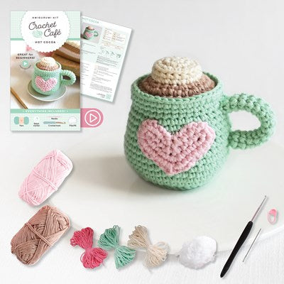 Crochet Cafe Amigurumi Kit Hot Cocoa:  Everything You Need Is Included: 100%-Cotton Yarn, Crochet Hook, Stitch Marker, Tapestry Needle, Fiberfill, Step-by-Step Leaflet, and Exclusive Instruction Videos; Beginner Friendly!