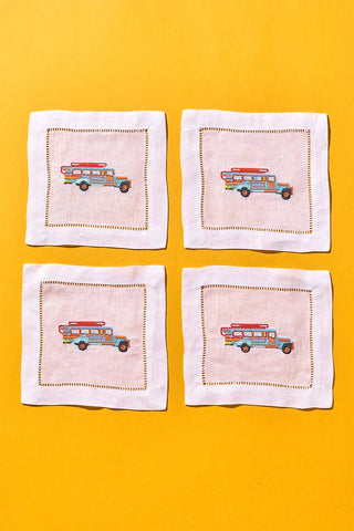 Jeepney Embroidered Linen Coaster/Cocktail Napkin, Set of 4