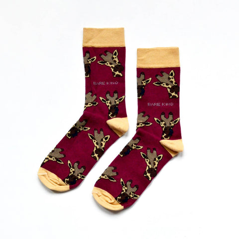 Giraffe Socks | Bamboo Socks | Maroon Socks | African Socks: UK Adult 4-7 / Single Pair / Giraffes