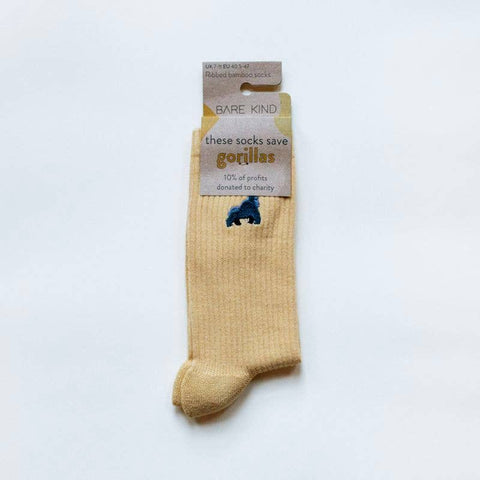 Gorilla Socks | Ribbed Bamboo Socks | Yellow Socks: UK Adult 7-11 / Single Pair / Gorillas